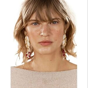NWT Zara Leaf Dangle Earrings White Magenta Gold Accents Post Back Bohemian